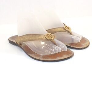 Tory Burch Miller Thong Sandals Womens 7M Gold Metallic Leather Logo Medallion